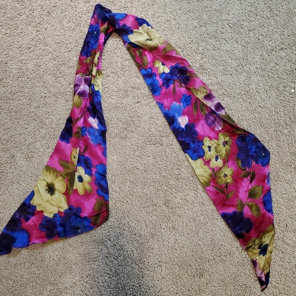 Floral Silky Feeling Scarf - Pink and Blue with no brand or materials tag